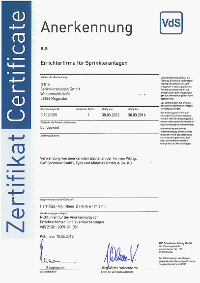 VdS Zertifikat Errichterfirma für Sprinkleranlagen